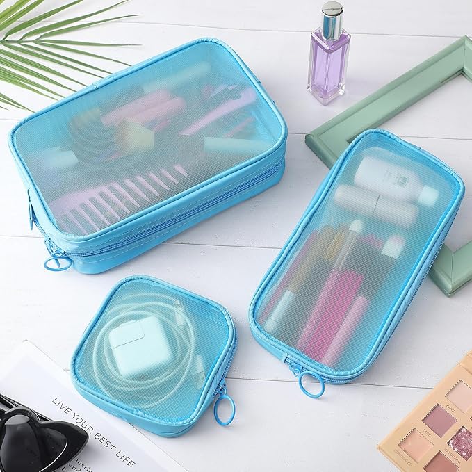 Weewooday 4 Pcs Mesh Makeup Bag Mesh Cosmetic Bag Travel Toiletry Pouch with Zipper Mini Makeup Cosmetic Purse for Daily Accessory(Small, Large, Medium,Blue)