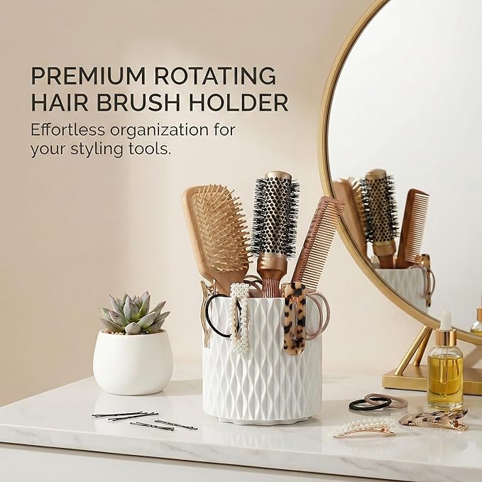 360° Rotating Makeup Brush Holder, 5-Slot Cosmetic Organizer Cup for Vanity, Desk & Bathroom Countertop, White