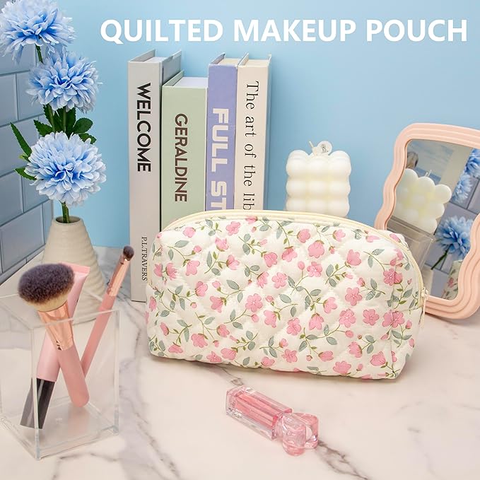 PAZIMIIK 6PCS Vintage Quilted Makeup Bag SET Cosmetic Pouch for Brushes Pencils and Travel Make Up Accessories for Women and Girls Flower White