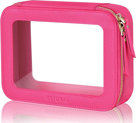 Clear Makeup Bag, Travel Toiletry Bag Cosmetic Case for Women, Waterproof Portable Make Up Skincare Pouch with Zipper, Compact Car Organizer Bag for Essentials, Medium Size, Hot Pink