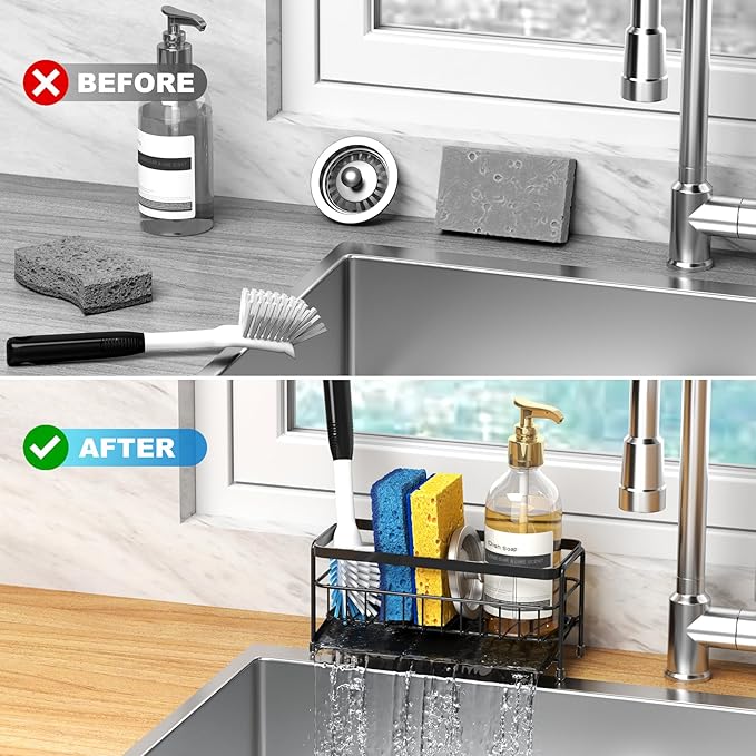 Trendy Quick-Dry Sink Caddy, Sponge Holder for Kitchen Sink with Self-Draining Metal Tray, Storage Organizer Rack for Sponge/Dish Soap/Gadgets, 2-Layer Rustproof Brush Holder for countertop - Black