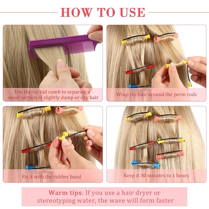 WILLBOND 72 Pieces Hair Perm Rods Set, Short Plastic Perming Rods Cold Wave Roller 4 Sizes Hair Curling Rollers with 1 Piece Steel Pintail Comb for Hairdressing Styling (Short)