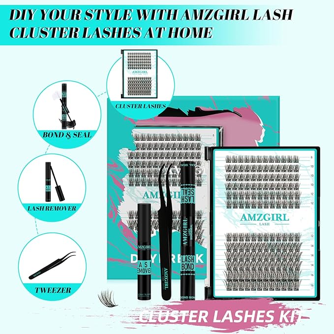 Lash Extension Kit Daybreak Lash Clusters kit Lash Bond and Seal Eyelash Remover and Lash Applicator for Diy Lash Extension Kit at Home by AMZGlRL(Daybreak,D-Mix8-16mm kit)