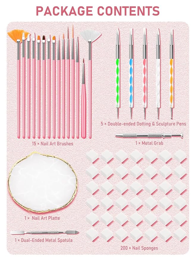 Nail Art Tools, 200PCS Nail Sponges for Ombre and Nail Art Brushes Set, Nail Design Tools with Nail Art Palette, Spatula & Grabber, Nail Tech Must Haves Nail Stuff Supplies for Salon & Home Use
