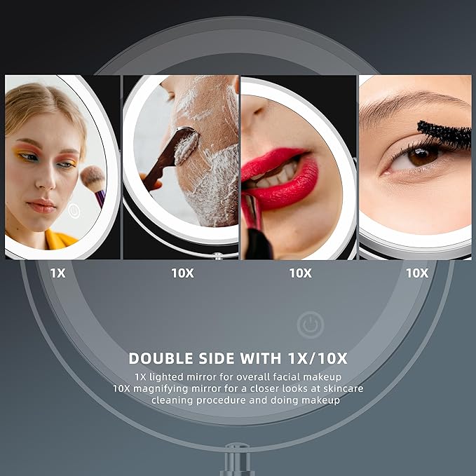 Rocollos Rechargeable Wall Mounted Lighted Makeup Mirror, 8 Inch Double-Sided LED Vanity Mirror 1X/10X Magnification,3 Color Lights Touch Screen Dimmable (Narrow Base-Chrome)