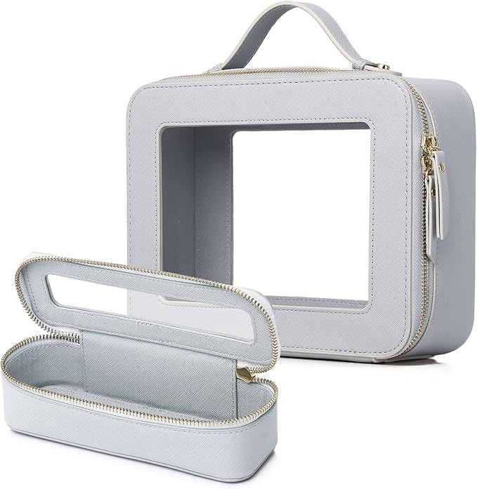 Clear Travel Makeup Bag with Brush Bag Portable Transparent Cosmetic Bag and Toiletry Bag Waterproof Clear Makeup Bag with Zipper Car Bag for Women (Gray, L+Slim)