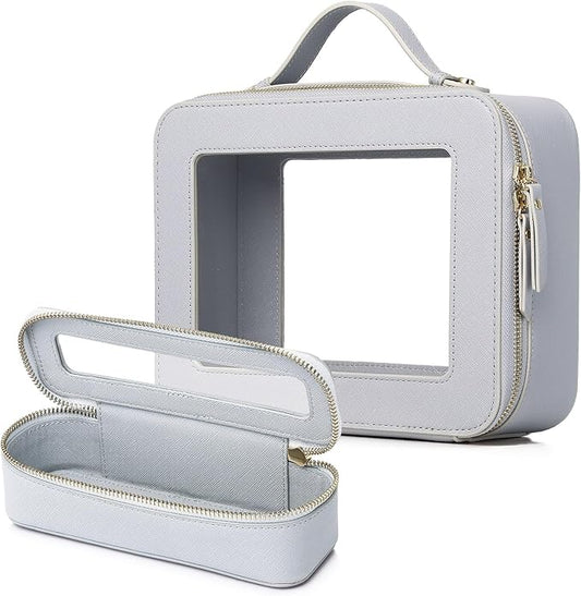 Clear Travel Makeup Bag with Brush Bag Portable Transparent Cosmetic Bag and Toiletry Bag Waterproof Clear Makeup Bag with Zipper Car Bag for Women (Gray, L+Slim)