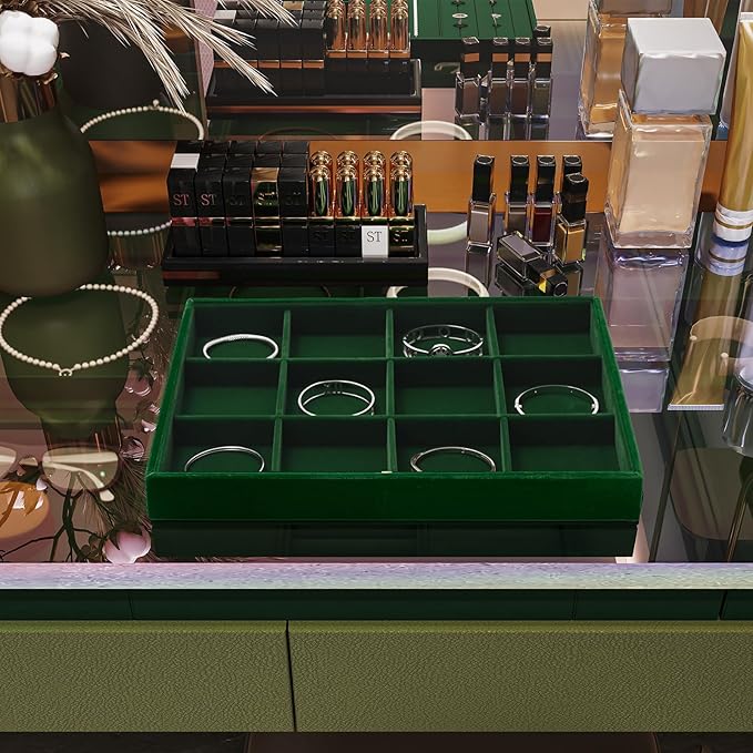 12 Grids Velvet Jewelry Tray Bracelet Trays Bangle Holder for Bracelet Bangle Earring Ring Display Storage (Green)