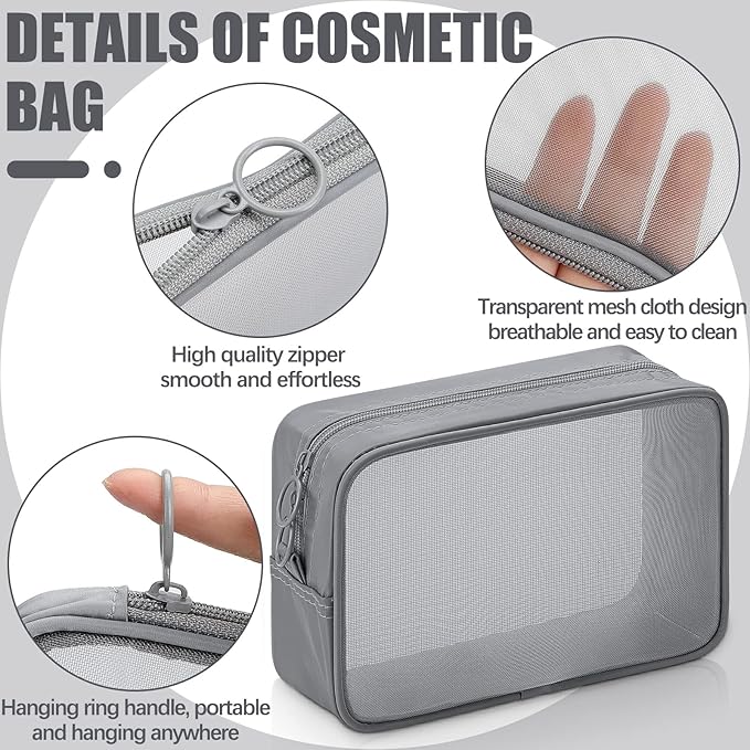 Weewooday 4 Pcs Mesh Makeup Bag Mesh Cosmetic Bag Travel Toiletry Pouch with Zipper Mini Makeup Cosmetic Purse for Daily Accessory(Small, Large, Medium,Gray)