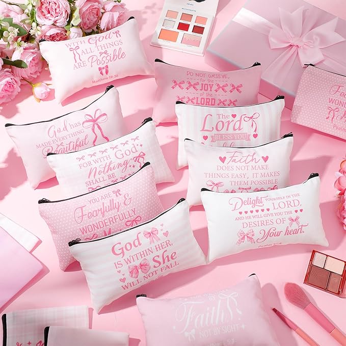 Reginary 20 Pieces Pink Christian Cosmetic Bag for Women Religious Bible Verse Makeup Bags with Zipper Toiletry Bag Pouch Travel Accessory Organizer Gifts, 7 x 4.3 Inches