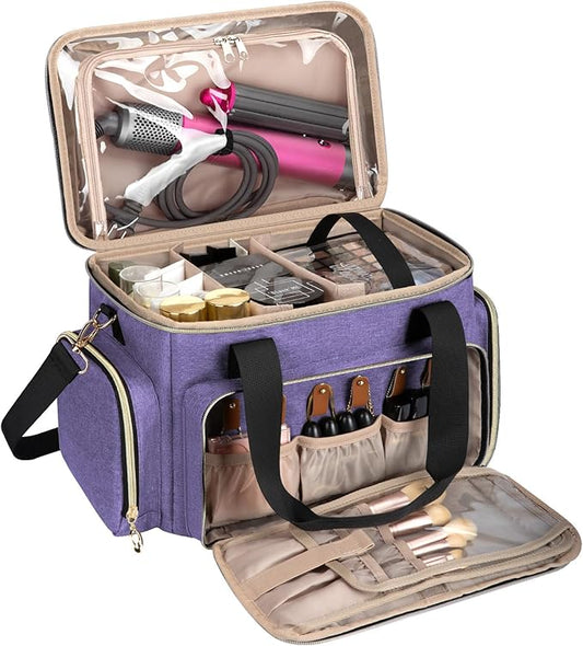 GDNasist Large Makeup Bag, Portable Travel Makeup Bag Organizer for Women Girls with 2 Removable Pouches & Detachable Dividers, Cosmetic Travel Bag, Toiletry Bag for Makeup and Hair Supplies, Purple