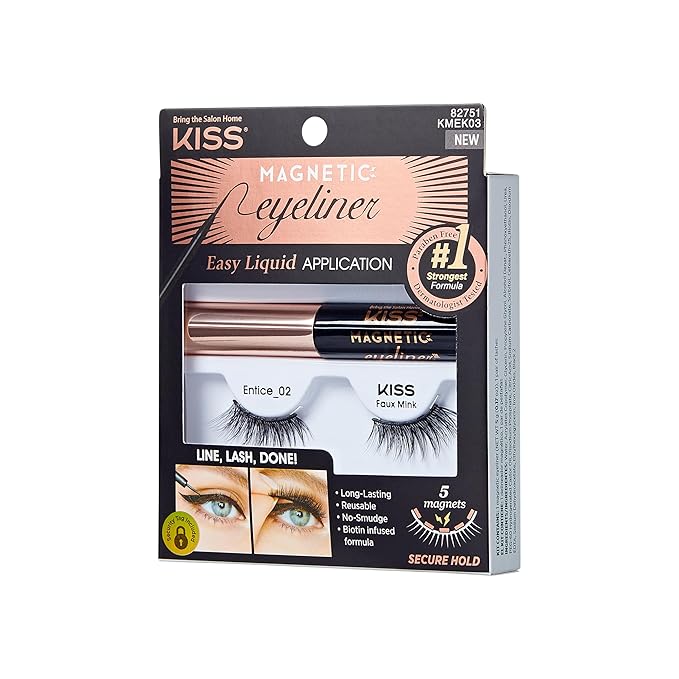 KISS Magnetic False Eyelashes and Eyeliner, ‘Entice’, 12mm, Easy to Apply, Reusable, No Glue, Flexiband Technology, Precision Felt Tip, Fortified Formula, 1 Pair Strip Lashes