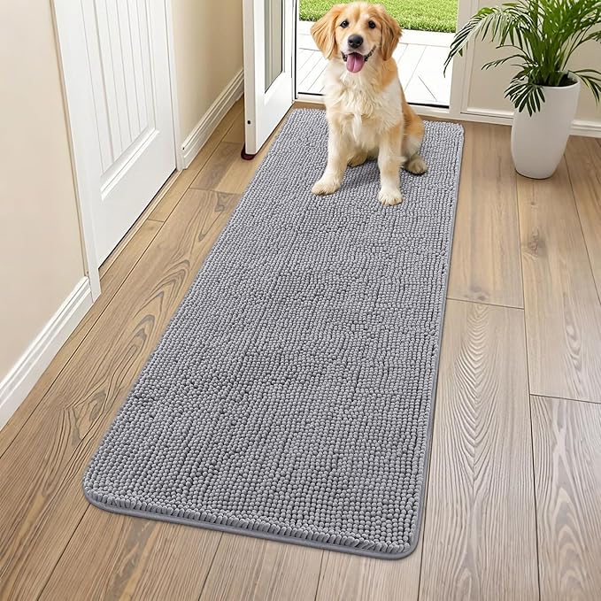 Smiry Dog Door Mat for Muddy Paws 59x20, Absorbs Moisture and Dirt Doormat, Non-Slip Washable Quick Dry Chenille Front Door Mat Indoor Entrance, Entryway Carpet for Inside Floor, Grey