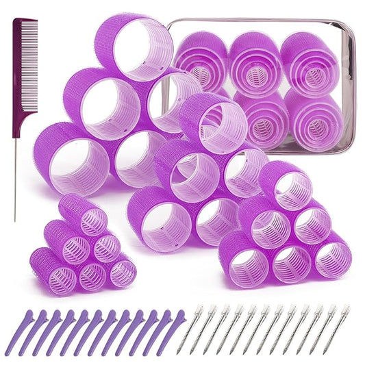 4 Sizes Hair Rollers Set with Clips - 50 Pcs Hair Curlers Rollers for Women, Self Grip Holding Hair Roller for Hair Long Medium Short Bangs Thick Fine Volume Thin, Pink