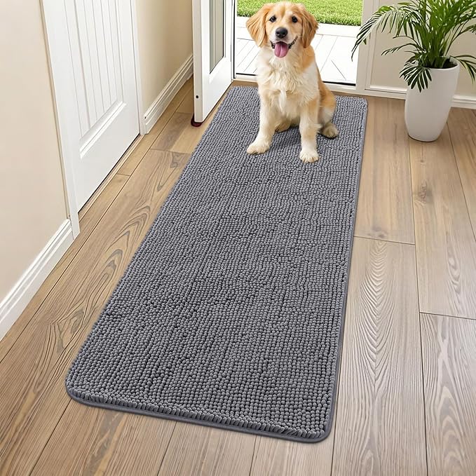 Smiry Dog Door Mat for Muddy Paws 59x20, Absorbs Moisture and Dirt Doormat, Non-Slip Washable Quick Dry Chenille Front Door Mat Indoor Entrance, Entryway Carpet for Inside Floor, Dark Grey