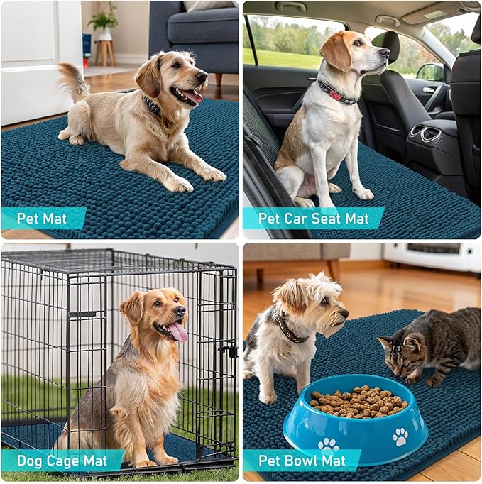 OLANLY Dog Door Mat for Muddy Paws 34x21, Absorbs Moisture and Dirt, Absorbent Non-Slip Washable Doormat, Quick Dry Chenille Mud Mat, Entry Indoor Entryway Carpet for Inside Floor, Atlantic Blue