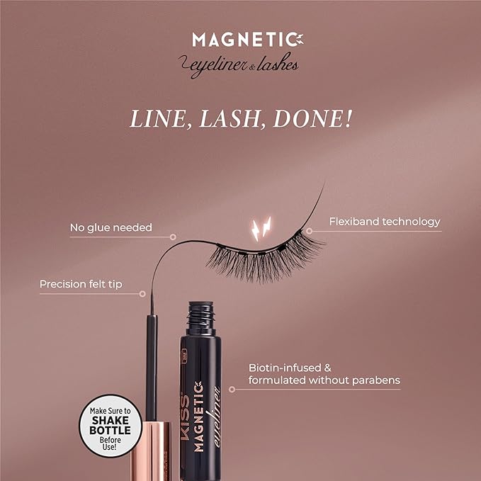 KISS Magnetic False Eyelashes and Eyeliner, ‘Entice’, 12mm, Easy to Apply, Reusable, No Glue, Flexiband Technology, Precision Felt Tip, Fortified Formula, 1 Pair Strip Lashes