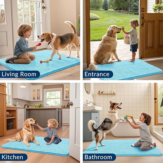 Smiry Dog Door Mat for Muddy Paws 30x20, Absorbs Moisture and Dirt Doormat, Non-Slip Washable Quick Dry Chenille Front Door Mat Indoor Entrance, Entryway Carpet for Inside Floor, Sky Blue