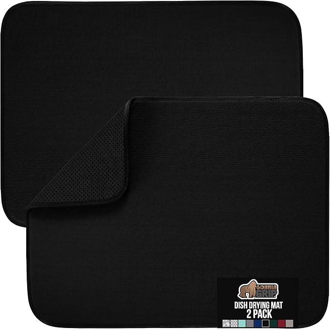 GORILLA GRIP Ultra Water Absorbent Microfiber Dish Drying Mat, 18x24, Quick Dry Thick Mesh, Slip Resistant Pad for Sink Dishes or Under Rack, Kitchen Counter Accessories, Machine Wash, 2 Pack Black