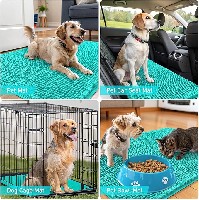 OLANLY Dog Door Mat for Muddy Paws 45x27, Absorbs Moisture and Dirt, Absorbent Non-Slip Washable Doormat, Quick Dry Chenille Mud Mat for Dogs, Entry Indoor Entryway Carpet for Inside Floor, Teal