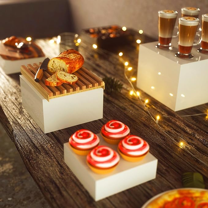 8” Buffet Risers with Mini Signs, Buffet Table Risers and Stands, Acrylic Cube Display Box for Catering Party Table Food Display, Dessert, Cakes - White, Set of 8 Boxes