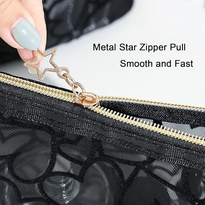 3-Piece Mesh Makeup Bag Set Flocking Heart Printed, Portable Travel Mesh Cosmetic Bags Toiletry Bags Makeup Purse Bags Five-pointed star zipper pull Storage Pouches, for Home Travel