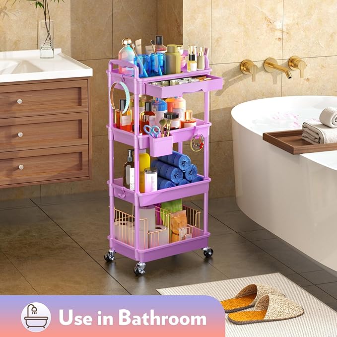 Makeup Cart Organizer with Drawers, 4 Tier Floor Skincare Organizers for Vanity, Rolling Makeup Bathroom Storage Cart Cosmetics Display Cases for Skin Care Perfume Nail Polish, Purple