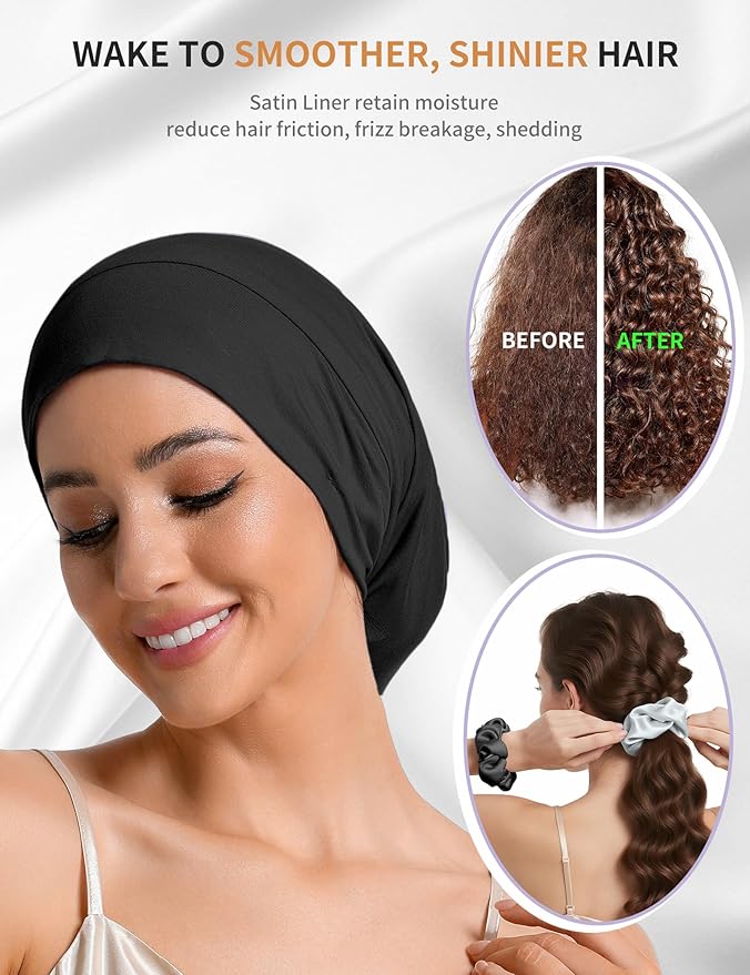 Satin Lined Bonnet for Sleeping Women Men - Adjustable Sleep Cap, Slouchy Beanie Hair Wrap for Curly Braid Locs