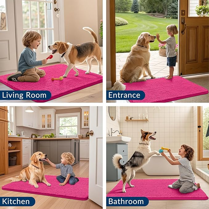 Smiry Dog Door Mat for Muddy Paws 70x24, Absorbs Moisture and Dirt Doormat, Non-Slip Washable Quick Dry Chenille Front Door Mat Indoor Entrance, Entryway Carpet for Inside Floor, Hot Pink
