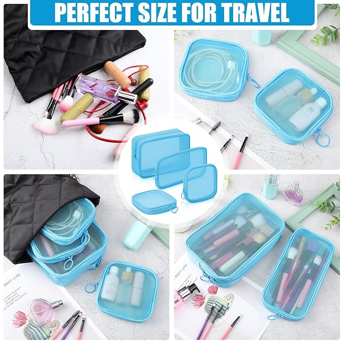 Weewooday 4 Pcs Mesh Makeup Bag Mesh Cosmetic Bag Travel Toiletry Pouch with Zipper Mini Makeup Cosmetic Purse for Daily Accessory(Small, Large, Medium,Blue)