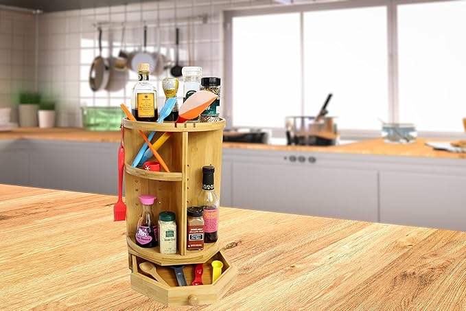 Bamboo Rotating Makeup Organizer with Adjustable Shelves & Drawer - Multipurpose Storage Carousel for Vanity, Bathroom, Kitchen, Bedroom, Desk