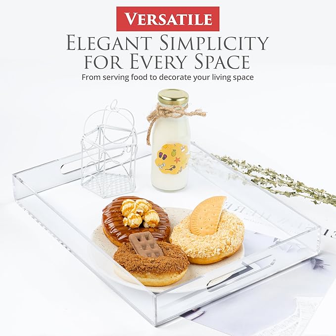 Acrylic Tray 16x12 with Cut Handles - Spill Proof Decorative Tray is an Ideal Countertop Organizer for Living Rooms, Ottoman Coffee Tables, Offices, Kitchens & Serving Guests