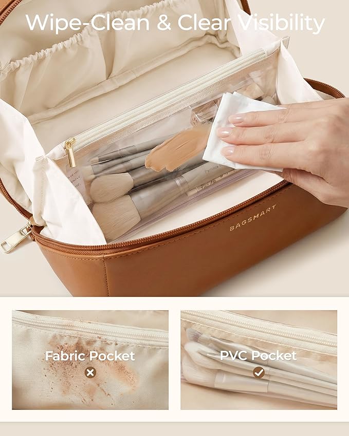 BAGSMART Makeup Bag Travel Cosmetic Bag, Large Make Up Bag Flat Open Toiletry Bag for Women, PU Leather Travel Essentials Organizer Case, Wide-open Pouch Purse for Skincare, Brushes, Lilac