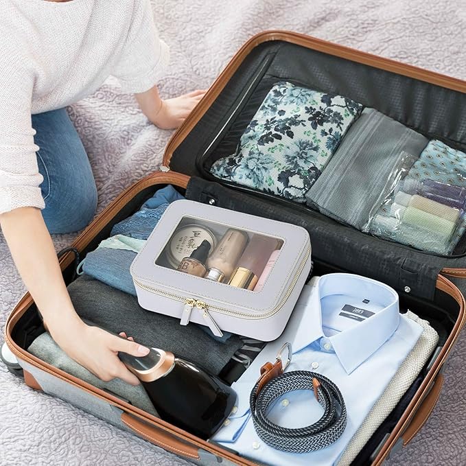 Clear Travel Makeup Bag with Brush Case Portable Transparent Cosmetic Bag and Toiletry Bag Waterproof Makeup Organizer with Zipper Car Essential for Women (Gray, M+Slim)