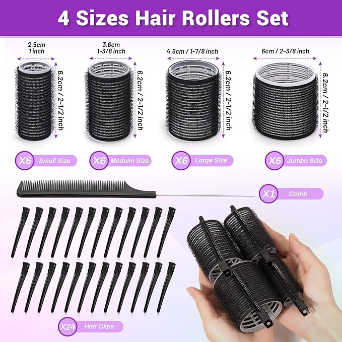 50 Pcs Rollers Hair Curlers Set with 24Pcs Self Grip Hair Rollers 4 Sizes and 24 Pcs Clips for Blowout Look Long Medium Short Thick Hair Volume