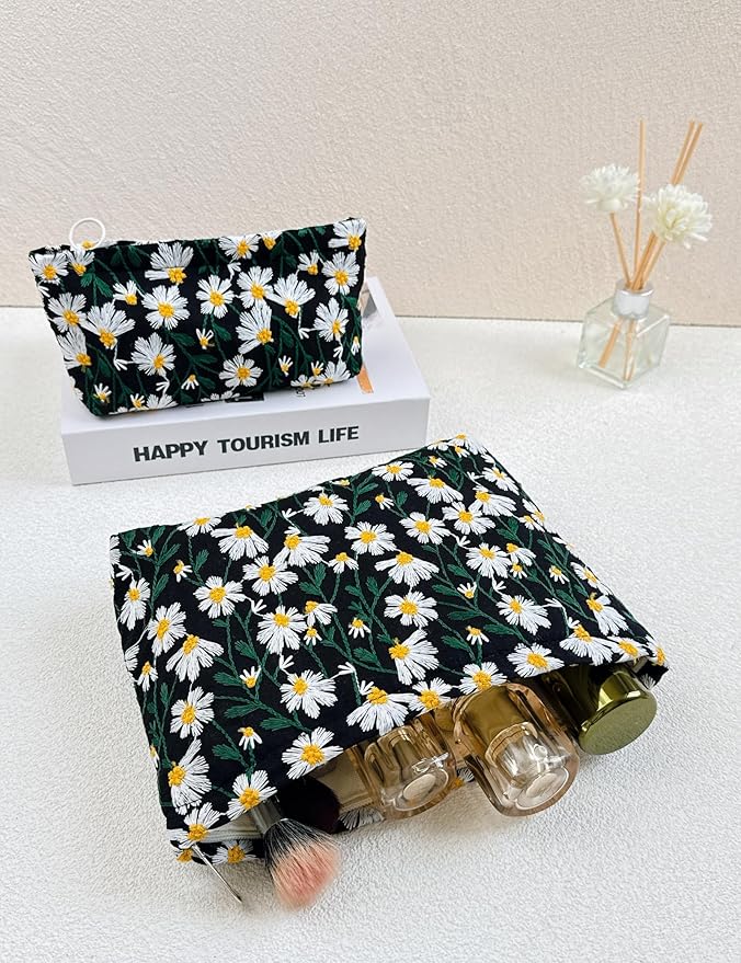2 Pcs Makeup Bags, Large Cosmetic Bag Travel Toiletry Bag Organizer for Women, Embroidery Craft, Floral Makeup Bag Small Cosmetic Pouch Purse with Zipper Gifts for Girls Teen
