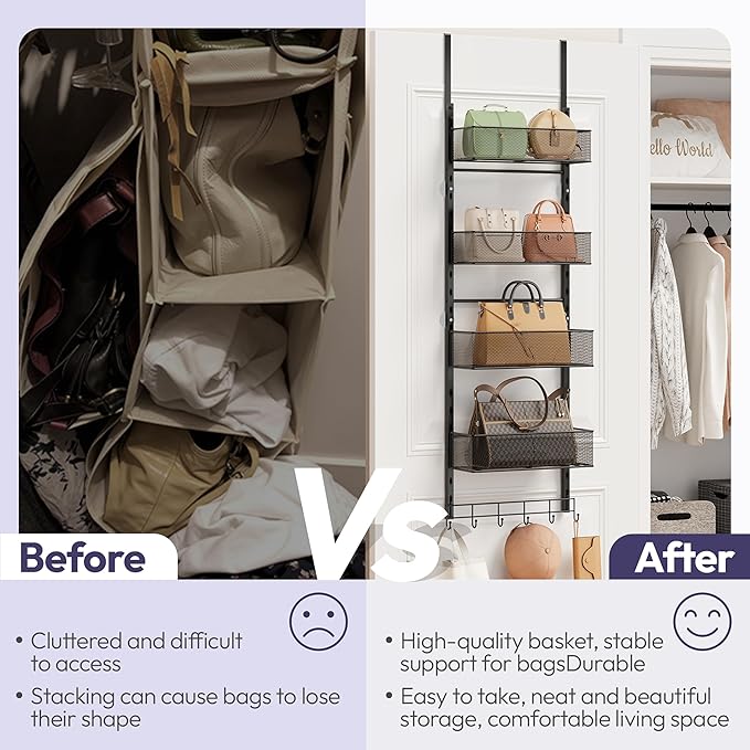 SWTYMIKI Over The Door Purse Organizer - Wall Mounted Purse Rack with 4 Adjustable Metal Basket and 6 Hooks, Hanging Bag Rack for Handbag Organizer, Bag Storage Can Use As 1/2 Part, for Door, Closet