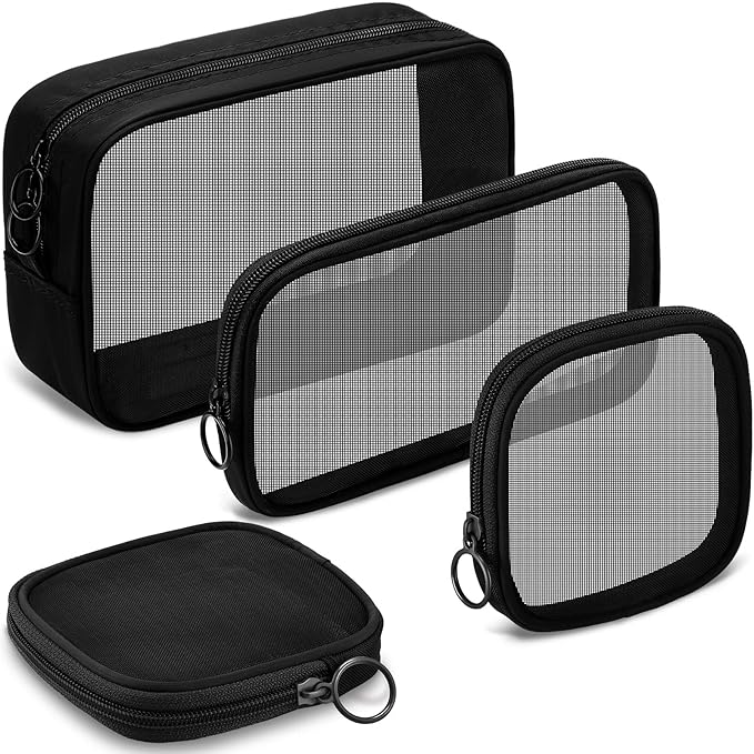 Weewooday 4 Pcs Mesh Makeup Bag Mesh Cosmetic Bag Travel Toiletry Pouch with Zipper Mini Makeup Cosmetic Purse for Daily Accessory(Small, Large, Medium,Black)