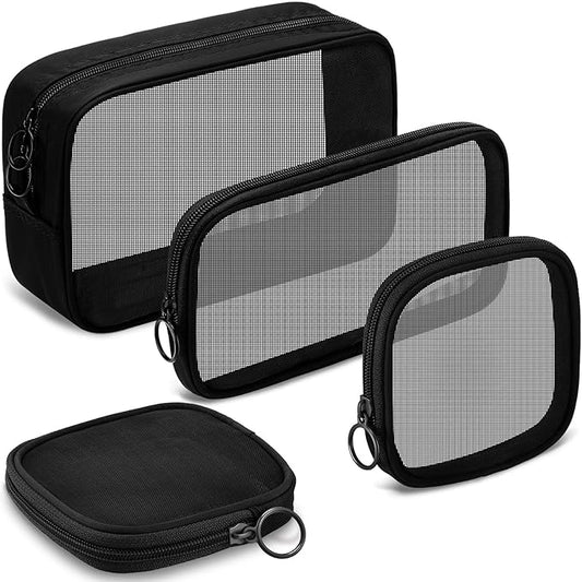 Weewooday 4 Pcs Mesh Makeup Bag Mesh Cosmetic Bag Travel Toiletry Pouch with Zipper Mini Makeup Cosmetic Purse for Daily Accessory(Small, Large, Medium,Black)