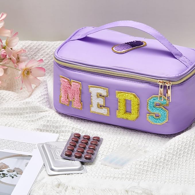 Geetery Clear Makeup Bag Chenille Letter Meds Bag Travel Cases Preppy Patch with Zipper, Portable Cosmetic Toiletry Storage case for Women(Meds,Purple)
