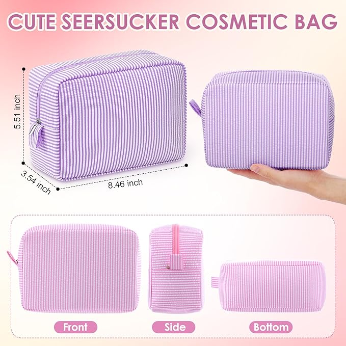 Sanwuta 6 Pcs Seersucker Cosmetic Bag Bulk Pinstripe Makeup Bag for Women Aesthetic Cute Travel Toiletry Organizer Preppy Storage Pouch for Wedding Bridesmaid Christmas Gift(Large,Macaron Color)