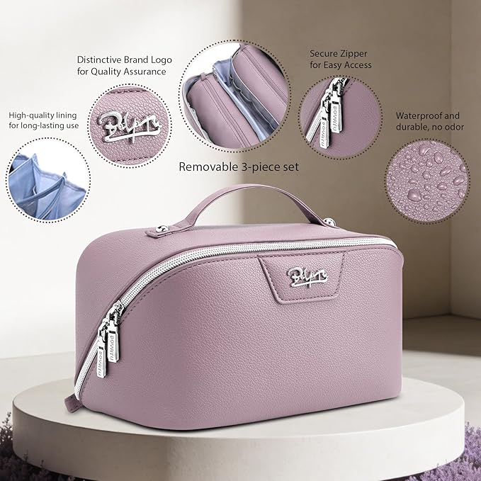 BOYATU Travel Makeup Bag Cosmetic Bags for Women: Large Capacity 3 Pcs Set Make up Bag with Compartments - Waterproof Vegan Leather Toiletry Organizer Bags with Handle (N-69Purple)