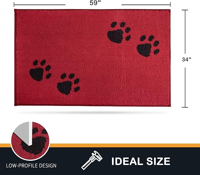 PURRUGS Dirt Trapping Door Mat 34" x 59", Non-Skid/Slip Machine Washable Microfiber Entrance Rug, Shoes Scraper, Dog Doormat, Super Absorbent Floor Mat for Muddy Wet Shoes and Paws, Red