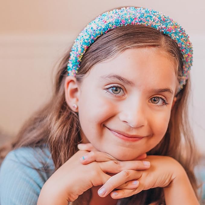 FROG SAC Headband for Girls, Candy Sprinkles Padded Headbands for Kids, Wide Puffy Hair Bands for Toddlers, Little Girl Confetti Hair Accessories, Thick Colorful Aqua Blue Child Hair Band