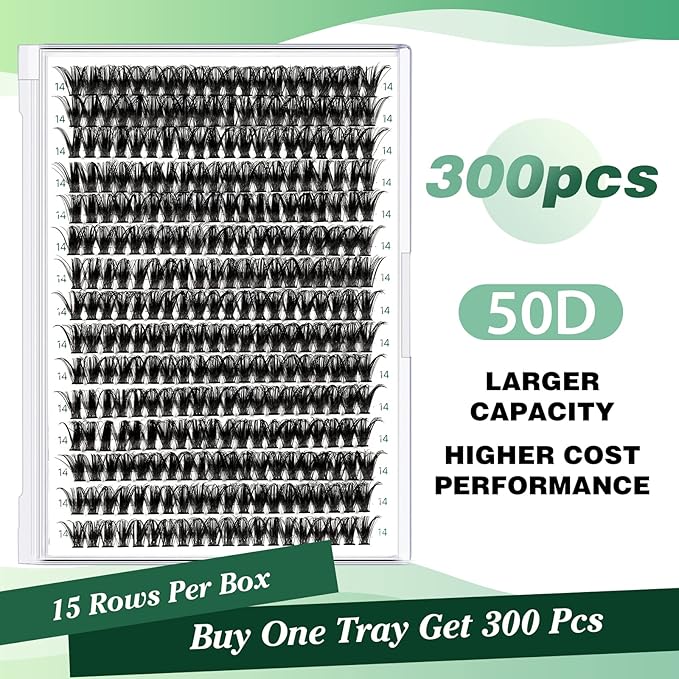 KEYYOU Lash Clusters 300pcs Individual Lashes 50D 0.07D Curl 14mm DIY Eyelash Extension Large Tray Volume Soft&Natural Cluster Lashes(50D-0.07D,14）