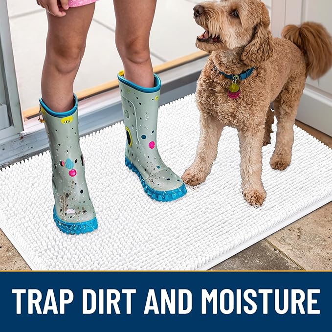 Smiry Dog Door Mat for Muddy Paws 30x20, Absorbs Moisture and Dirt Doormat, Non-Slip Washable Quick Dry Chenille Front Door Mat Indoor Entrance, Entryway Carpet for Inside Floor, White