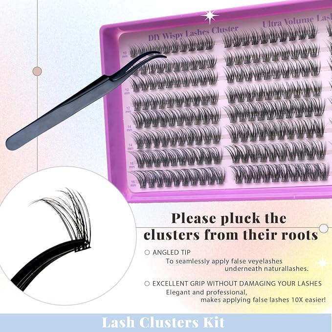 Wispy Lash Clusters Kit, Natural Lash Cluster Eyelash Extensions 192 Pcs C Curl 10-16mm Individual Fluffy False Eyelashes Thin Band DIY Kit for Beginners at Home with Bond Seal Remover Tweezers Brush