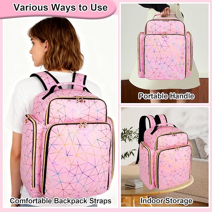 AHZSKE Nail Polish Organizer Backpack Holds 126 Bottles& Nail Lamp, Extra Large Nail Kit Supplies Organizer Bag with 3 Removable Cases, Portable Nail Organizers and Storage for Trave (PU Leather Pink)