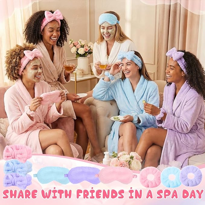 Mimorou 48 Pieces Galentine Spa Party Supplies 12 Spa Headband 12 Plush Sleep Eye Mask 12 Velvet Scrunchies 12 Organza Bags for Sleepover Slumber Party Favors Valentine Gift(Pink,Blue,Purple)