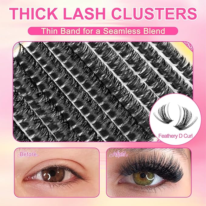 Fluffy Lash Clusters Kit 408Pcs, Wispy Volume (80D/100D) D-Curl Cluster Eyelash Extensions 10-18mm + Bond & Seal Glue + Tweezers - Reusable 15+ Times, Natural to Dramatic Volume